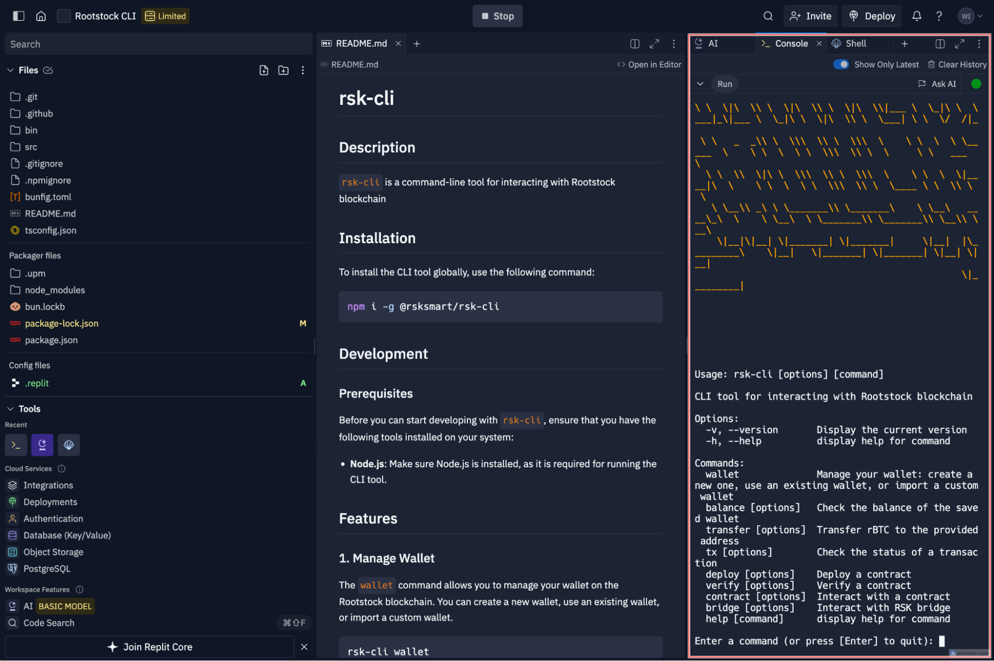 Interact with Rootstock CLI on Replit